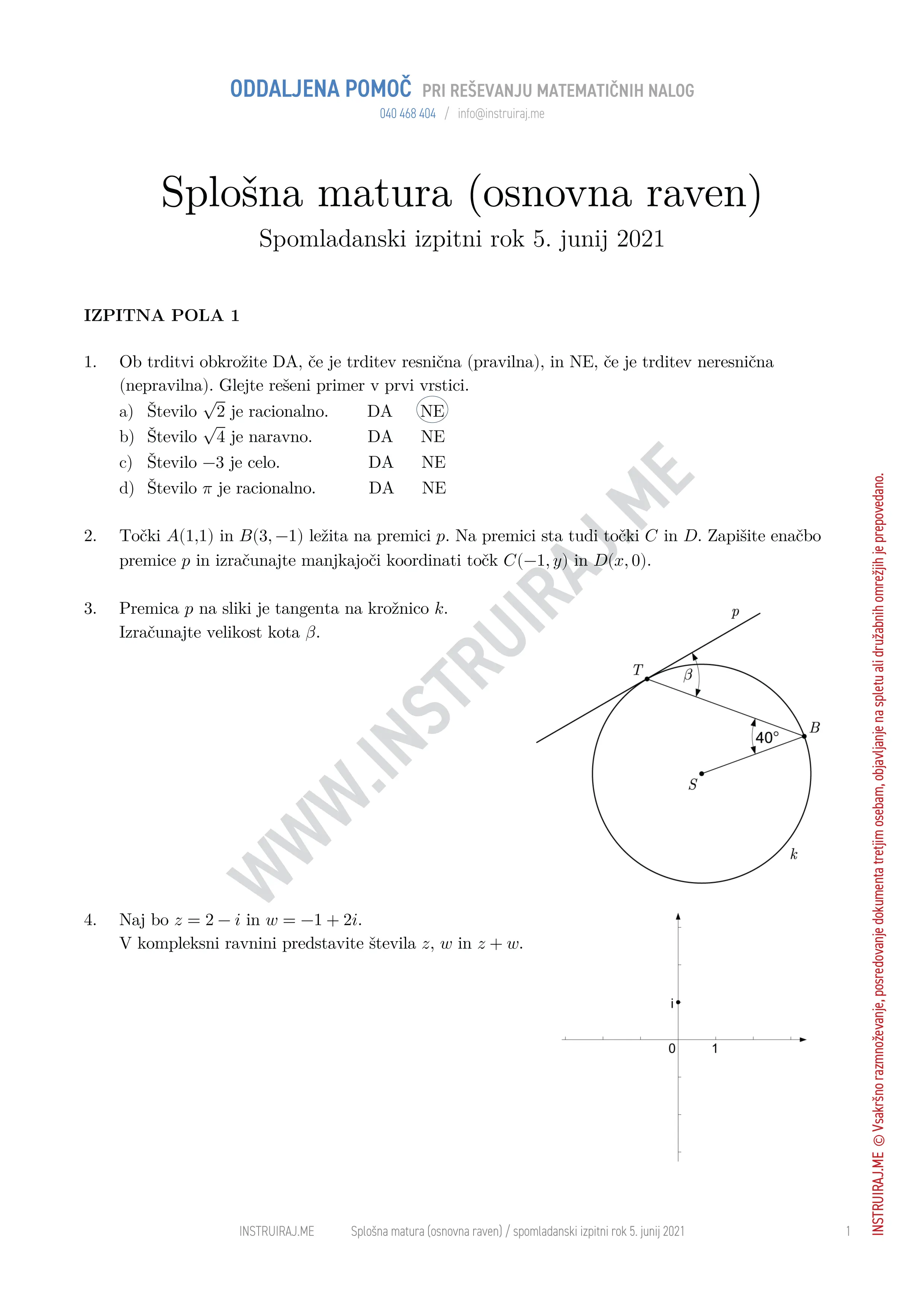 Splošna matura (osnovna raven): Splošna matura OR, spomladanski izpitni rok 5. junij 2021