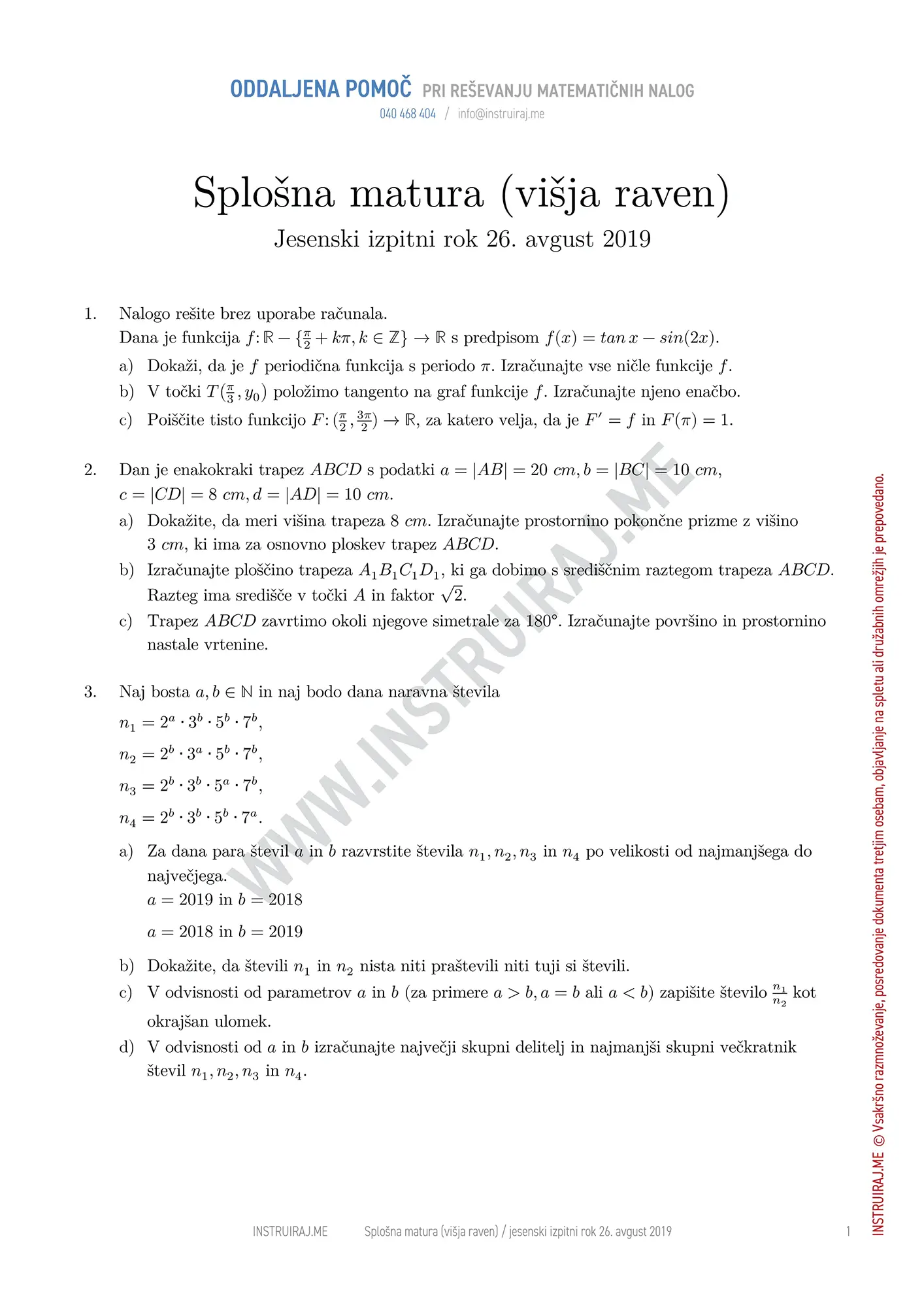 Splošna matura (višja raven): Splošna matura VR, jesenski izpitni rok 26. avgust 2019