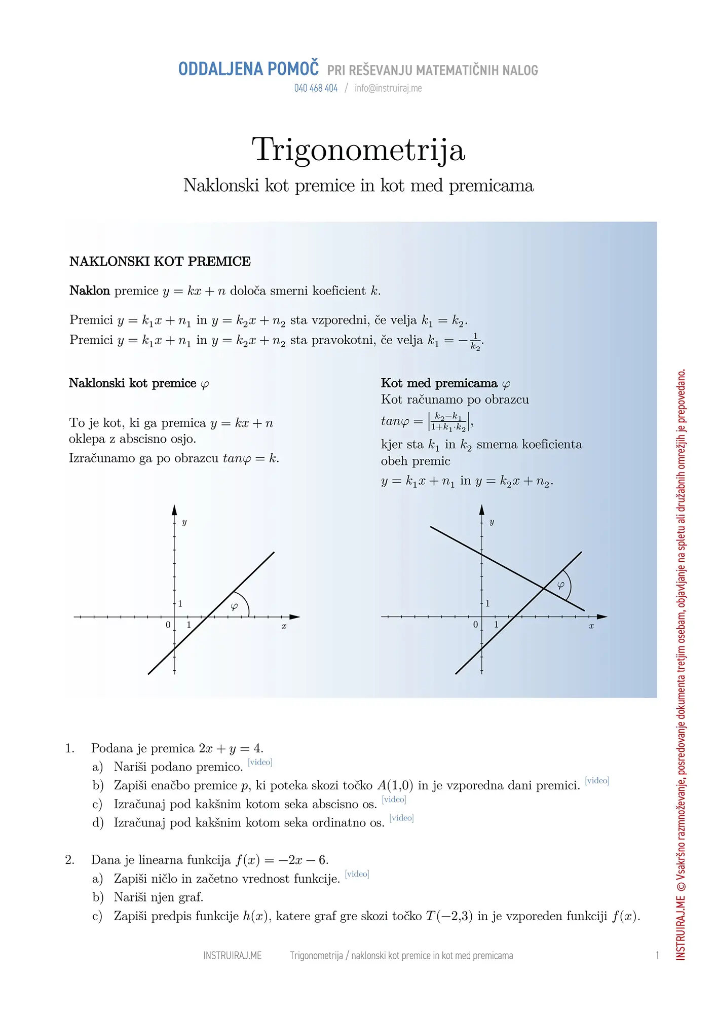 Naklonski kot premice in kot med dvema premicama