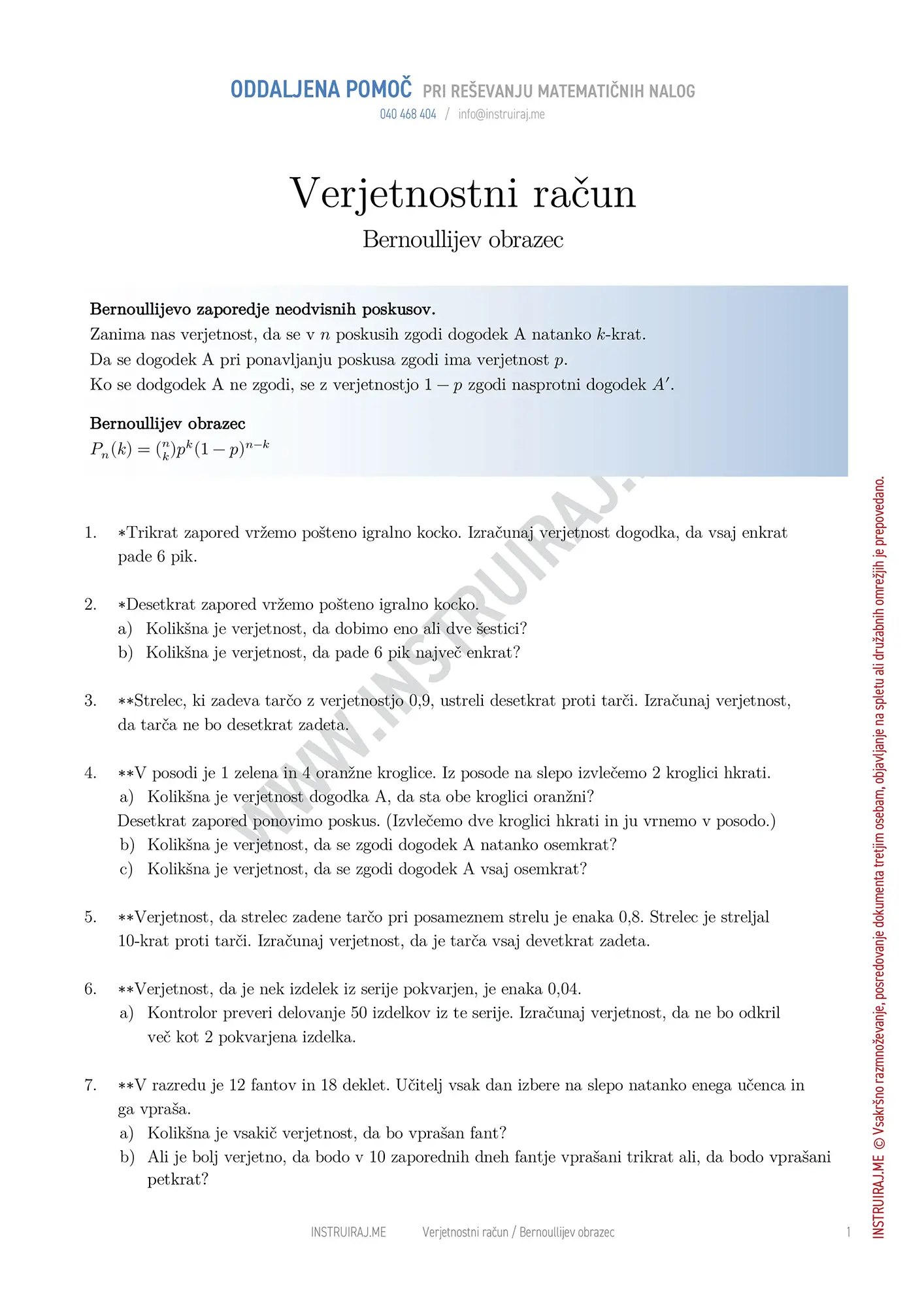 Zaporedje neodvisnih poskusov (Bernoullijev obrazec)