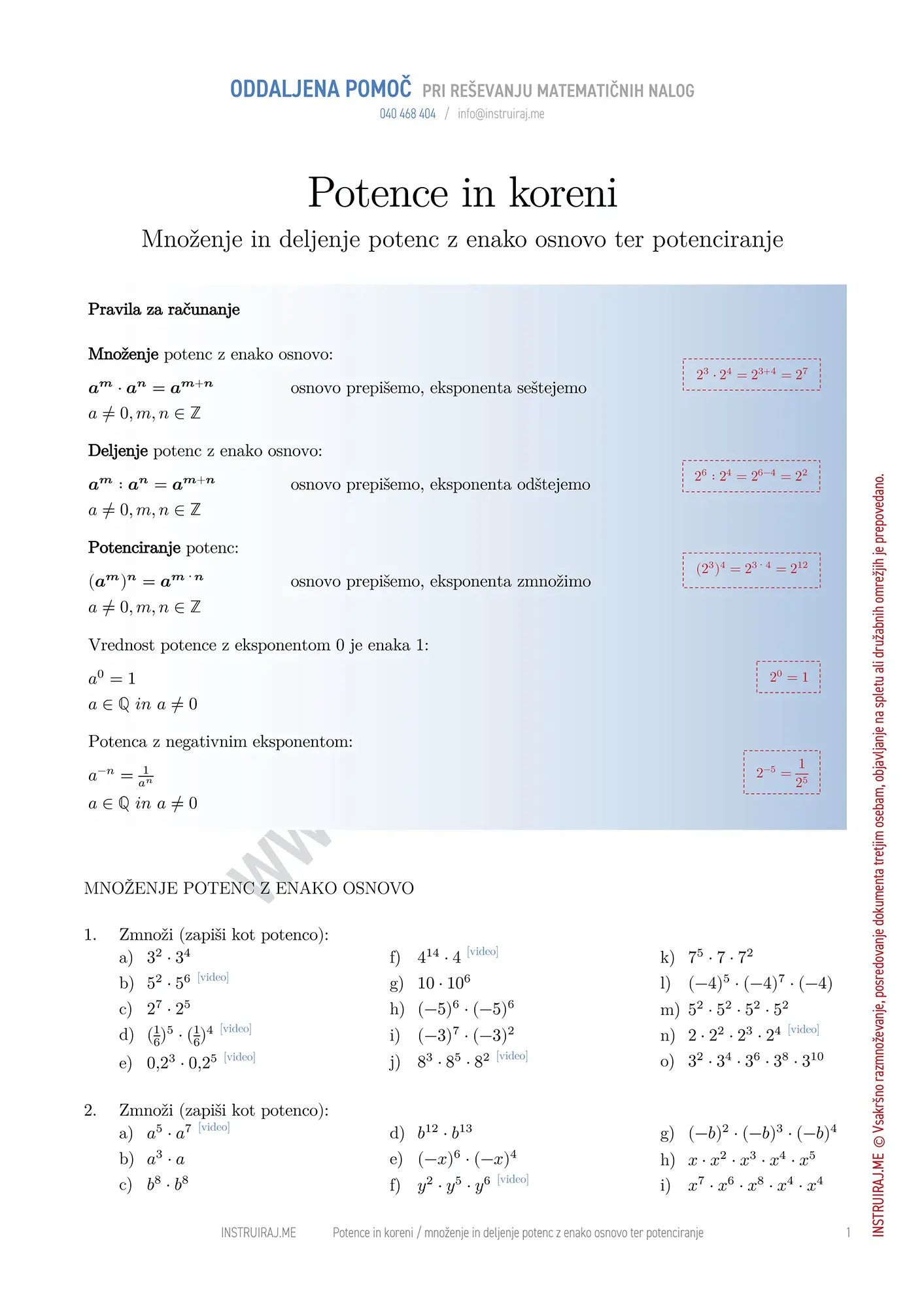 Množenje in deljenje potenc z enako osnovo ter potenciranje