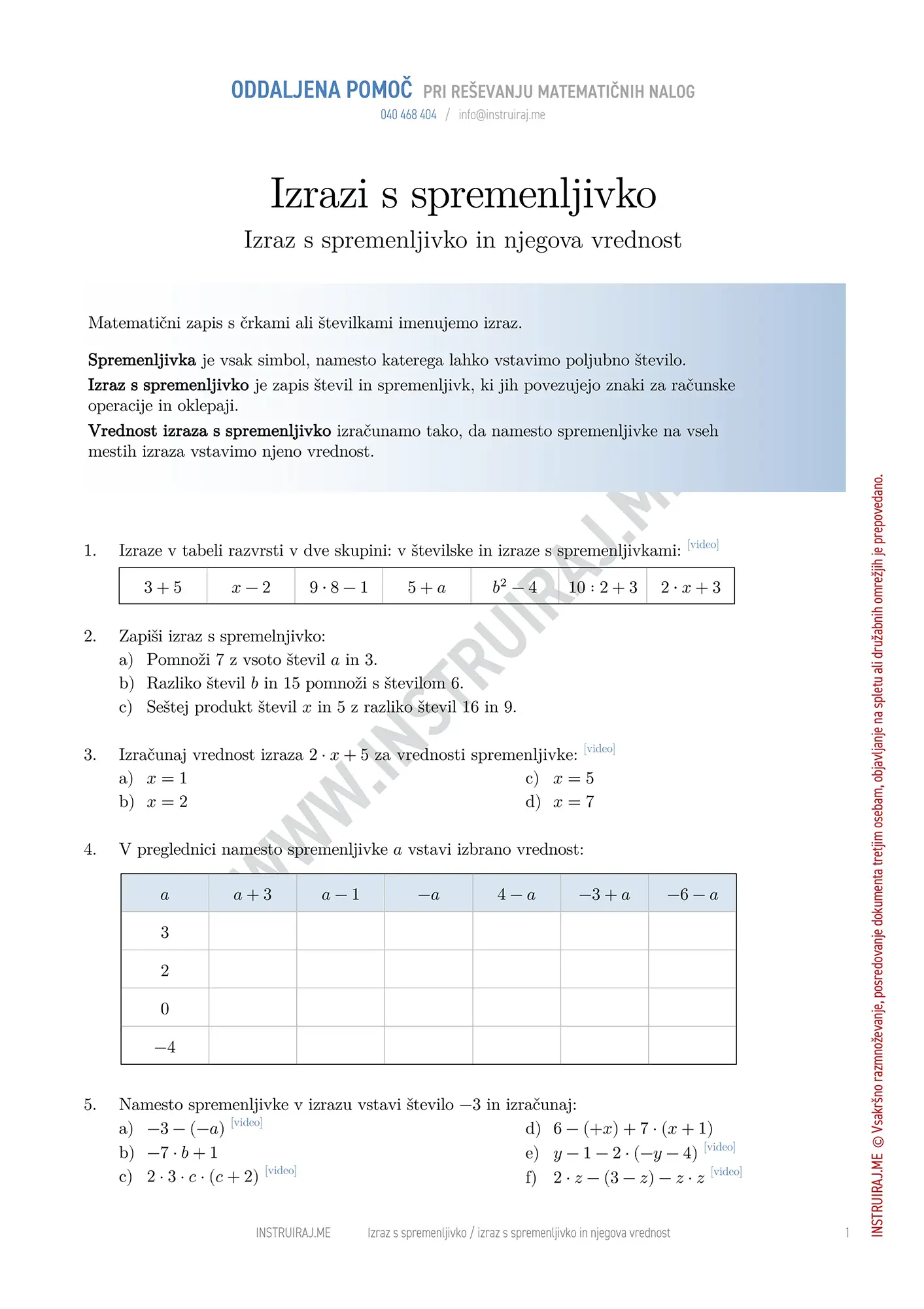 Izraz s spremenljivko in njegova vrednost