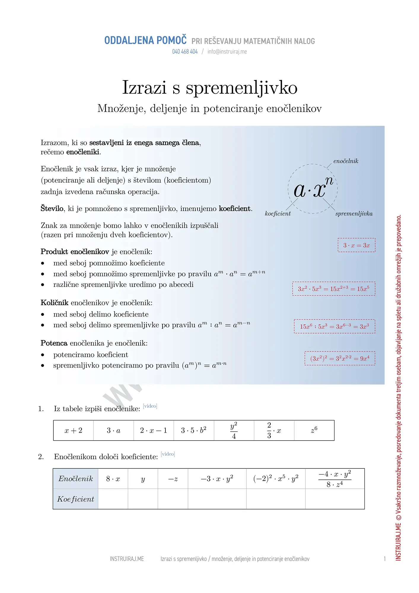 Množenje, deljenje in potenciranje enočlenikov